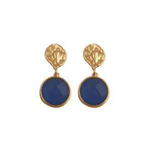 Pendientes colgantes de ágata chapados en oro para mujer, con engaste clásico, joyería de moda, pendientes de piedra redonda azul tinta - Product Image 3