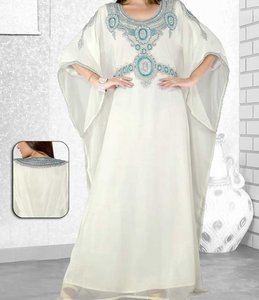 Abaya Casual Larga hasta el Suelo, Bordada en Azul, de Poliéster, Talla Grande, para Mujer, Estilo Oriente Medio, Corte Regular, Manga Larga, Vestido Modesto con Cuello Alto - Product Image 3
