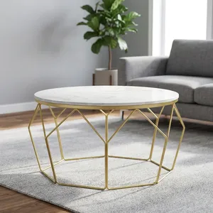 <b>Round</b> Marble Coffee <b>Table</b> <b>Gold</b> Tone Metal Coffee Center <b>Table</b> Modern Living Room Furniture Custom Coffee <b>Table</b> For Office Use - Product Image 3