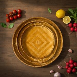 Handwoven Bamboo Basket Set Boho Farmhouse Decor Round Serving Tray Dining <b>Table</b> Bamboo Tray Eco Friendly Supplier - Product Image 5