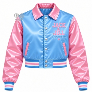 Chaqueta Bomber Personalizada al por Mayor de Jack and Jill of America para Mujer, Chaqueta Varsity Corta de Satén Bordada en Azul Bebé y Rosa - Product Image 1