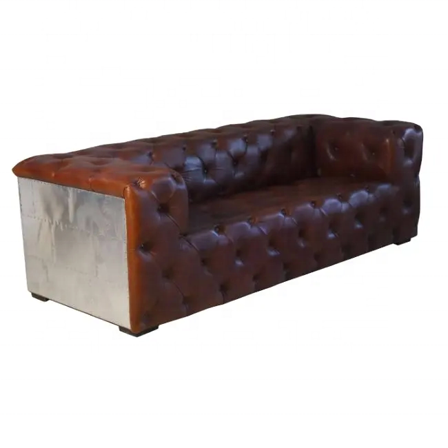 Vintage Echt leder Aluminium Flieger nieten Dreisitzer Großes Wohnzimmer Sofa Sets Moderne Hochwertige Tufted Brown 5St