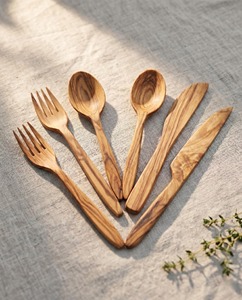 <b>Wood</b> Salad Server <b>Set</b> With Forks Spoons And Knives Eco Friendly Dishwasher Safe Manual Salad <b>Tools</b> - Product Image 5