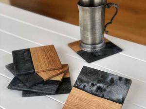 Stylish Handmade Epoxy Resin Square & Round Tea <b>Coffee</b> Coaster Set with Holder | Gloss Finish Heat Safe Decor - Product Image 2