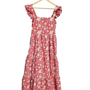 Vestido Largo Indio 100% Algodón Estampado a Mano con Cuello Cuadrado y Bordado Floral, Estilo Casual, Hecho a Mano, Producto al por Mayor - Product Image 1