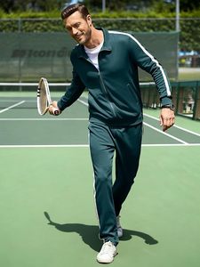 Ensemble de survêtement vert foncé pour homme, manches longues, fermeture éclair, vêtements de sport respirants en polyester, tenue décontractée deux pièces pour l'automne - Product Image 4