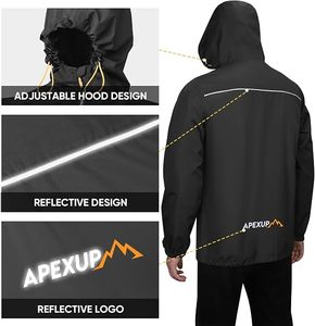 Veste de pluie bomber imperméable à capuche pour homme APEXUP, longue, noire, décontractée, pour l'extérieur, avec fermeture éclair sur le devant, en polyester, avec cordon de serrage - Product Image 3