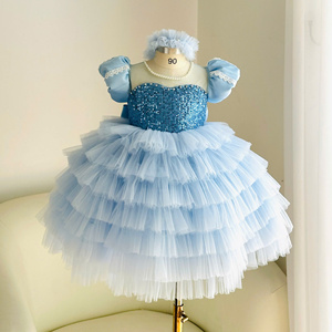 175 <b>Girls</b> Blue Sequin Princess <b>Dress</b> Puff Sleeves Pearl Neckline Layered Tulle Skirt for Birthday Party Wear by Nhung Nguyen - Product Image 3