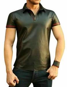 Polo à manches courtes en satin vert foncé pour homme avec bordure rouge, col boutonné décontracté, tissu tissé respirant pour l'été - Product Image 5