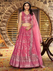 Pink Embroidered <b>Sequins</b> Zari Lehenga Set V Neck <b>Crop</b> <b>Top</b> Floor-Length A-Line Silhouette Pleated Skirt Dupatta Wedding Women - Product Image 1