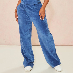 Customized Women Blue Velour Jogger Sweatpant Comfortable Oversized <b>Flared</b> Cargo Pant with Elastic Waist& Side Pocket for Winter - Product Image 4