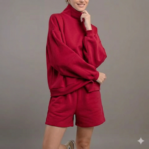 Women Mock Neck Top With Shorts <b>Set</b> Warm Cozy Comfortable Relaxed Fit Stylish Daily Wear Outfit Modern Clothing - Product Image 1