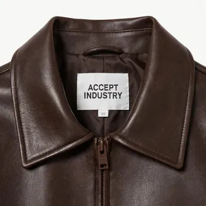 2026 New Arrival <b>Winter</b> <b>Mens</b> Dark Brown PU Leather Bomber Jacket Oversized Boxy Fit <b>Shirt</b> Collar Front Custom Logo - Product Image 5