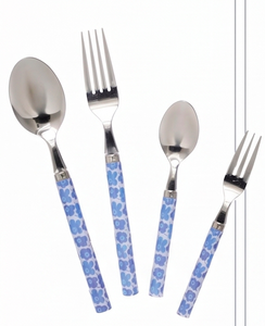 Ensemble de couverts à motif floral, 4 pièces, en acier inoxydable, avec manches bleues, compatibles lave-vaisselle, pour les fêtes - Product Image 1