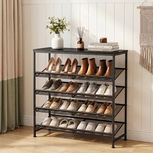 Étagère à chaussures réglable à 5 niveaux, imperméable, avec étagères en métal à mailles fines et plateau en bois, organisateur d'entrée autoportant, noir - Product Image 1