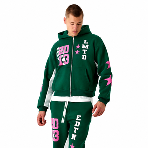 Conjunto Deportivo Verde con Capucha para Hombre, Pantalones y Sudadera de Algodón con Estampado de Letras Rosas y Cierre con Cordón - Product Image 2