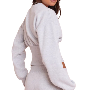 Wholesale Solid Color Women's 2 Piece <b>Set</b> Gray <b>Knitted</b> Crop Top With Buttons Loose Sweatpants Casual All Seasons Full Sleeve <b>Set</b> - Product Image 2