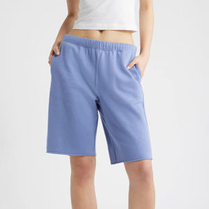 Shorts en molleton de couleur unie pour femmes, taille mi-haute, fermeture élastique, style décontracté avec poches, bleu - Product Image 1