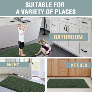 Tapis de bain en chenille doux et respirant, rectangulaire, antidérapant, avec support en caoutchouc, vert, épaisseur moyenne, lavable en machine, pour usage domestique - Product Image 3