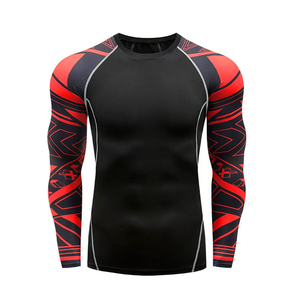 Men's <b>Compression</b> Set Long Sleeve <b>Shirt</b> And Pants <b>Black</b> Red Geometric Print Fitted Moisture Wicking Quick Dry Stretch MMA Wear - Product Image 4