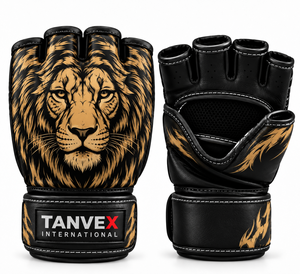 Guantes de MMA TANVEX INTERNATIONAL de Cuero, Medios Dedos, con Cierre, Transpirables, Elásticos, Unisex, Negros con Estampado de León Dorado, para Artes Marciales - Product Image 2