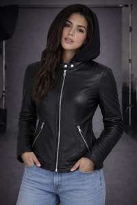 Veste en cuir à capuche pour femme, style Café Racer, vintage, en cuir véritable souple, vêtement d'extérieur - Product Image 2