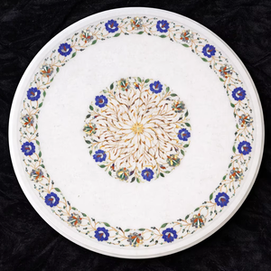 Tablero de Mesa de Comedor Redondo de Mármol Hecho a Mano con Diseño de Incrustaciones Florales de Lapislázuli Azul, Muebles de Decoración de Hogar de Lujo - Product Image 1
