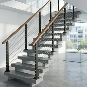 Rampe d'escalier intérieure moderne avec poteaux en métal noir, câbles horizontaux en acier et mains courantes en bois pour la sécurité domestique - Product Image 4