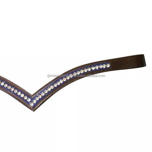 Bande de front de cheval en cuir vide en forme de V profond de luxe incrusté de strass de cristaux bleus et argentés dans toutes les tailles et couleurs personnalisées - Product Image 3