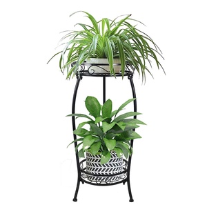 Support à fleurs moderne en métal à deux niveaux pour plantes d'intérieur, présentoir de verdure, porte-plantes décoratif, finition noire - Product Image 1