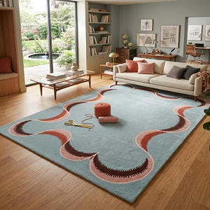 Alfombra de Lana de Alta Gama Hecha a Mano con Patrón Ondulado Profundo Multicolor, Alfombra Moderna Azul para Sala de Estar y Dormitorio - Product Image 4