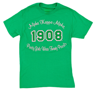 Camiseta AKA Green con Letras Griegas Brillantes, Estilo Chenille Rosa, Gráfico, Cuello Redondo, Algodón, Casual, para Mujer, Verde y Rosa - Product Image 1