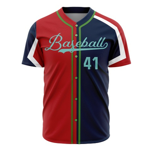 Maillot de baseball personnalisé pour homme, manches courtes, rouge et bleu marine, imprimé par sublimation, respirant, en polyester, uniforme 41 Front - Product Image 1