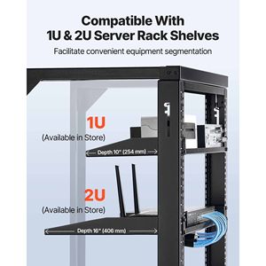 Gabinete de red de montaje en pared de 15U, capacidad de carga máxima de 150 libras, marco abierto, puerta oscilante de 180 grados, estante de acero al carbono negro de 19 pulgadas para TI - Product Image 6