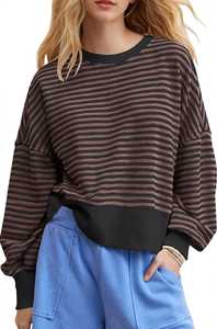 Sweat-shirt rayé à col rond pour femme, pull décontracté à épaules tombantes, haut à manches longues - Product Image 1