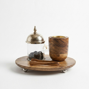 Wooden <b>Bakhoor</b> Burner Set With Glass Jar Gold Metal Lid & Ball Footed Serving Tray Arabic Incense <b>Oud</b> Holder Home Decoration - Product Image 1
