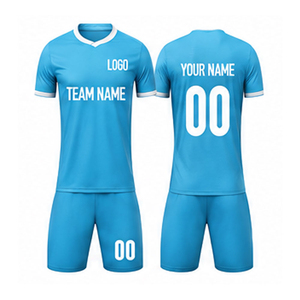Custom Soccer Jersey Set Blue V-Neck Short Sleeve Quick Dry <b>Polyester</b> Teamwear with Sublimated Print for Men Adults - Product Image 1