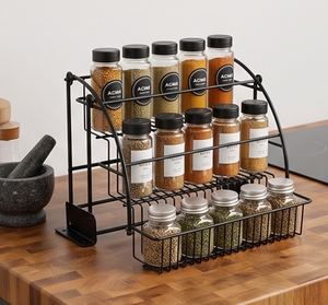 Cabinet Spice Rack 3 Tier Iron Storage Basket <b>Shelves</b> Holder and Rack Sturdy Black Color Ladder Design Multipurpose Kitchenware - Product Image 1