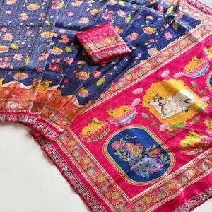 Tela de Seda Dola Suave con Tejido Zari Puro de VASTRA COTTAGE, con Estampado Jacquard Digital Pichwai Kalamkari en Toda la Superficie - Product Image 4