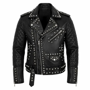 Veste en cuir pour homme, noire, à clous, style punk, motard, manches matelassées, style Brando, sur mesure, OEM - Product Image 1