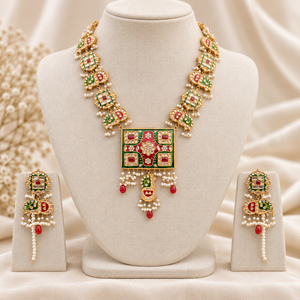 <b>Gold</b> Plated Red Green Meenakari Kundan Style Necklace and Earrings <b>Set</b> with Faux Pearls Bridal Jewelry Wholesale Bulk Supply - Product Image 1