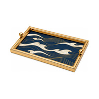 Plateau décoratif bleu marine à motifs ondulés en verre avec accents ivoire et or mat, poignées à perles, rectangulaire