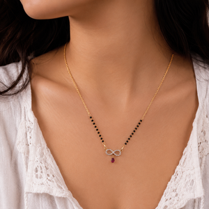 18K <b>Rose</b> Gold <b>Infinity</b> Mangalsutra Necklace with Black Beads Diamond and Pear Shape Ruby Gemstone High Polish Women Wedding Gift - Product Image 1