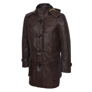 Custom 100% Genuine Lambskin Napa Leather <b>Men's</b> <b>Duffle</b> <b>Coat</b> Brown Hooded Toggle Trench Jacket Winter Overcoat Wholesale Supplier - Product Image 4