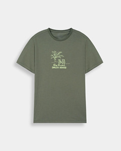 เสื้อยืดพรีเมียมผู้ชายสีเขียวมะกอก ผ้าฝ้ายฟลีซ พาล์ม พาราไดซ์ สไตล์ลำลอง ใส่สบายช่วงฤดูร้อน ทรงหลวม เนื้อผ้านุ่ม ระบายอากาศดี คอกลม แขนสั้น - Product Image 1