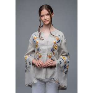 Blusa de Lino Gris para Mujer, Bordada, Estilo Étnico, Tejida a Mano, con Mangas Anchas - Product Image 1