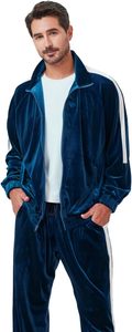 <b>Men's</b> Navy <b>Velour</b> <b>Tracksuit</b> Full Zip Jacket And Pants Set With Side Pockets Autumn Casual Wear For Adults - Product Image 3