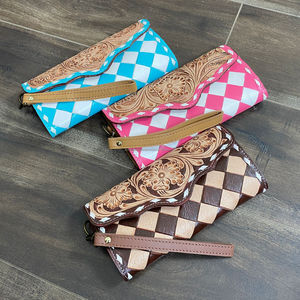 Portefeuille long en cuir véritable à carreaux, style occidental haut de gamme, fait main, avec protection RFID, vente en gros, porte-cartes à poignet pour femme, pochette - Product Image 5