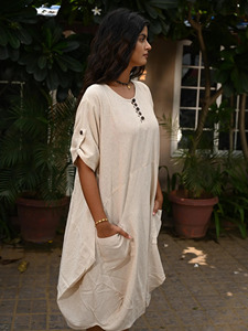 Pure Linen Beige <b>Kaftan</b> Midi Dress with Pockets Casual <b>Summer</b> Lounge Wear for Women Casual Outings Versatile Dress - Product Image 4