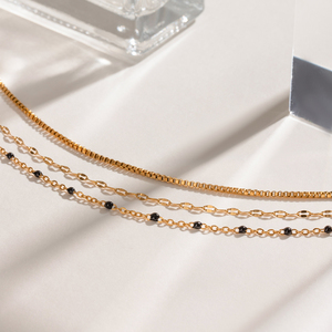 Womens Stainless Steel 3-Tier Mini Black Enamel Bead <b>Rope</b> <b>Chain</b> 14K Gold Plated 18inches Wedding Necklace - Product Image 3